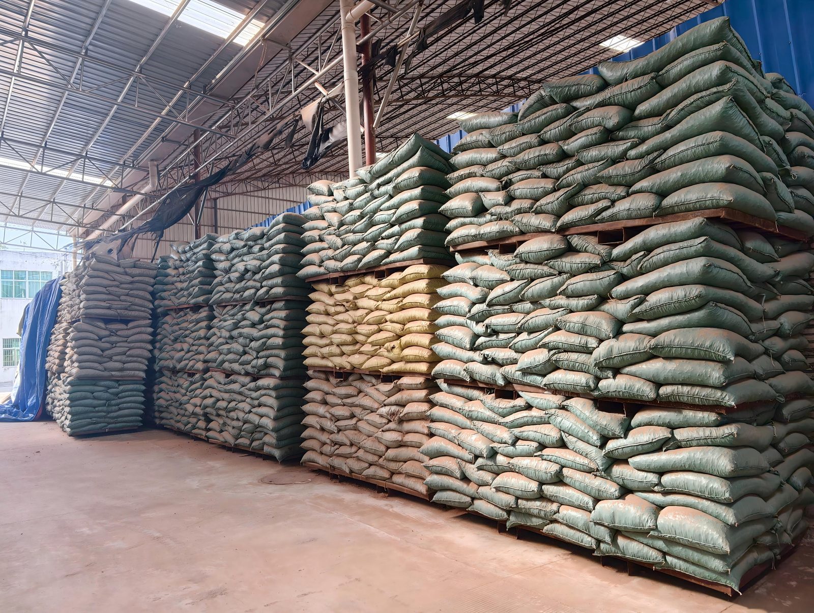 Bagged biomass pellets in the finished product area